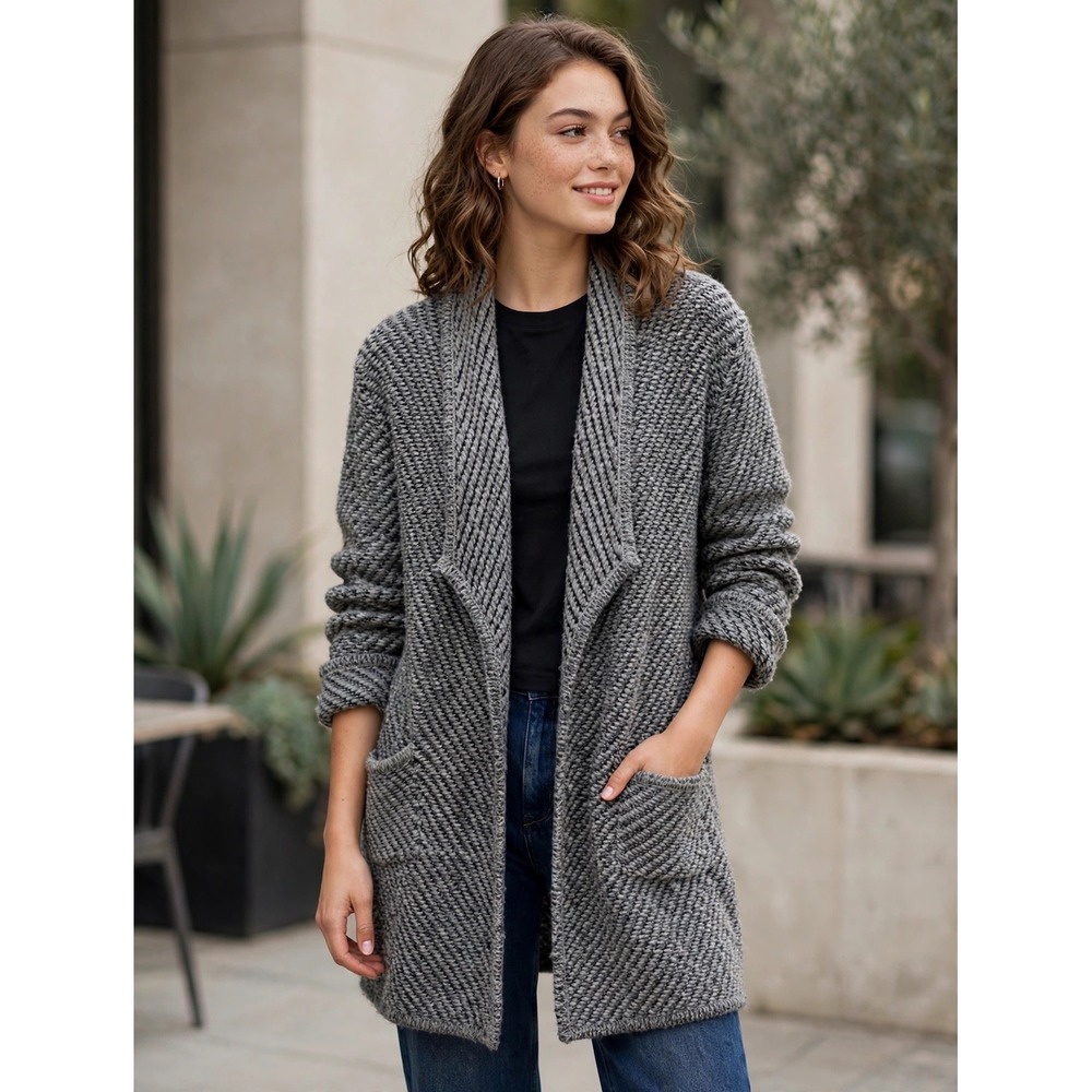 Eileen Fisher Organic Wool Alpaca Shawl Cardigan Gray XL Longline Sweater